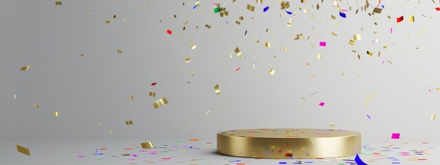 Canvas Print - Pedestal Platform display with podium background. Blank Exhibition stage empty product presentation. Golden celebration colorful confetti explosion on a grey background