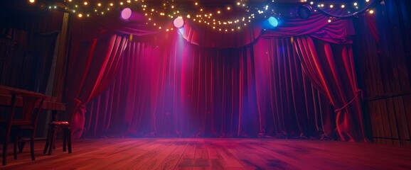 Wall Mural - Pedestal Platform display with podium background. Blank Exhibition stage empty product presentation. stage with a red curtain and light bulbs is set for an award ceremony or concert mockup