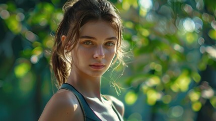 Wall Mural - A woman with green eyes and brown hair is standing in a forest. She is wearing a green tank top and has her hair in a ponytail