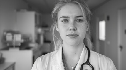 Wall Mural - A woman in a white lab coat is standing in front of a door. She is wearing a stethoscope around her neck