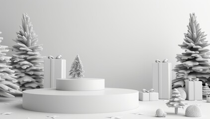 Wall Mural - Pedestal Platform display with podium background. Blank Exhibition stage empty product presentation. Christmas tree and golden balls on a white background winter festive theme snowflakes and mountains