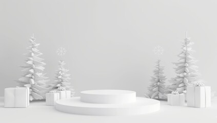 Canvas Print - Pedestal Platform display with podium background. Blank Exhibition stage empty product presentation. Christmas tree and golden balls on a white background winter festive theme snowflakes and mountains