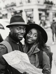 Poster - A man and woman are smiling and holding a map. They are both wearing hats