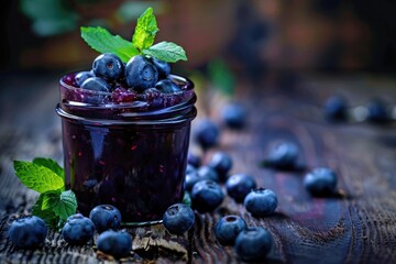 Wall Mural - A jar of blueberry jam with a few blueberries on top. The jar is on a wooden table