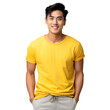 © SuperPixel Inc - Front view mid shot of a handsome Asian man dressed in a vibrant yellow T-shirt and khaki shorts, smiling on a white transparent background