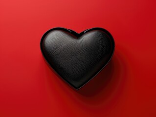 Wall Mural - A black leather heart is on a red background. The heart is the main focus of the image, and it stands out against the red background