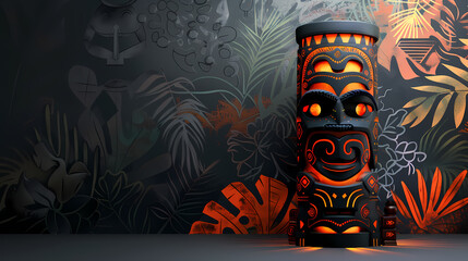 A glowing tiki statue stands tall against a backdrop of stylized tropical leaves. The black and orange colors create a striking contrast, giving the image a mysterious and alluring feel.