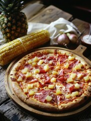 Poster - A Hawaiian pizza with ham and pineapple toppings sits on a wooden cutting board. The pizza is surrounded by corn and onions, and a glass of milk is nearby. The scene conveys a casual