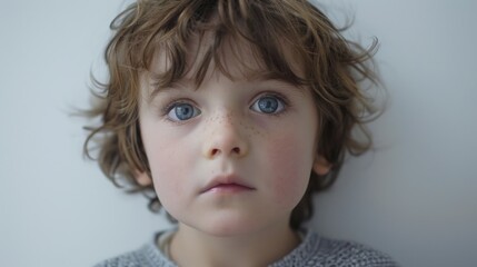 Poster - A young boy with blue eyes and brown hair. He is wearing a gray sweater. He is looking at the camera