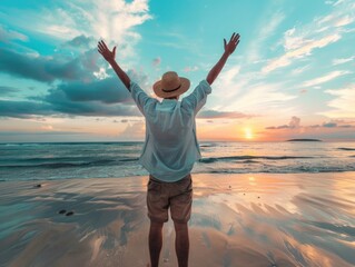 Poster - A man stands on the beach with his arms raised in the air. The sky is blue with a few clouds, and the sun is setting in the distance. The man is wearing a straw hat and a white shirt