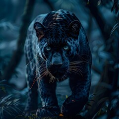 Wall Mural - Regal Black Panther Prowling Under Moonlight in Dense Jungle Stealthy and Mysterious Wildlife Portrait