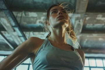 Canvas Print - A woman is wearing a blue tank top and is looking up. Concept of determination and focus, as the woman is in the middle of a workout or exercise