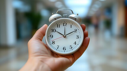 Wall Mural - White alarm clock in hand on a blurred background