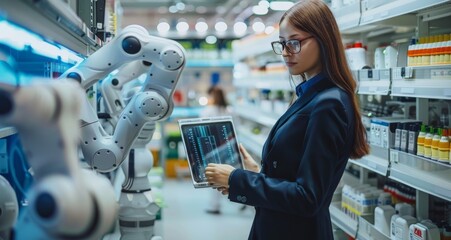 Poster - Businesswoman using a laptop in an office setting with robotics equipment and technology