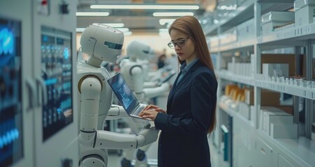 Poster - female business professional using a tablet near robots in a modern office environment