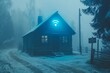 © Leo - Cabin in misty forest with WiFi symbol eerie atmosphere tech in nature connectivity remote living digital nomad solitude