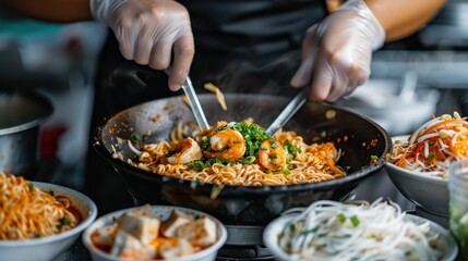 An engaging food scene where a chef cooks wok-fried noodles with shrimp and vegetables at a street food market, showcasing vibrant ingredients and culinary skills.