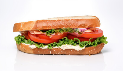Wall Mural - Fresh sandwich with ham, cheese, tomatoes, fast food on white background, isolate. AI generated.