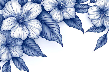 Wall Mural - A blue and white drawing of flowers with a white background. The flowers are blue and white and are arranged in a way that they look like they are in a vase. The drawing has a calm and peaceful mood