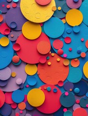 Wall Mural - A colorful collage of circles in various shades of blue, red, yellow, and green. Concept of playfulness and creativity, as the circles are arranged in a seemingly random yet harmonious manner