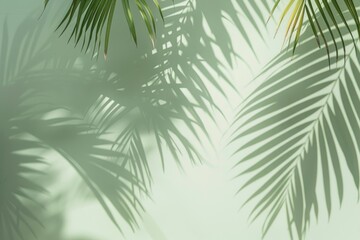 Sticker - A green leafy palm tree casts a shadow on a wall. The shadow is long and thin, stretching across the wall. Concept of tranquility and relaxation, as the palm tree's leaves provide a natural