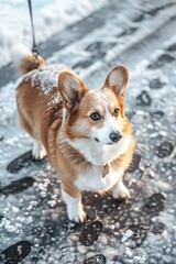 Wall Mural - A dog with a white and brown coat stands on a snowy sidewalk. The dog is looking at the camera