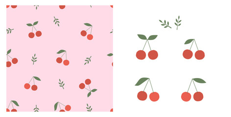 Poster - Seamless pattern of cherry with green leaves on pink background. Cherry icon set and green branch isolated on white background vector.