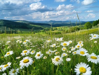 Wall Mural - A field of white flowers with a blue sky in the background