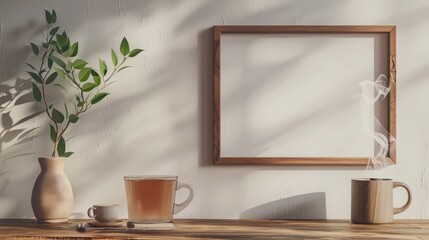 Poster - A rustic wooden frame hangs on a soft-toned wall, with a cozy tea setup featuring steaming cups and a calming plant beside it