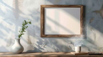 Poster - A rustic wooden frame hangs on a wall against a soft-toned background, complemented by a vase of greenery and a steaming mug on a wooden surface