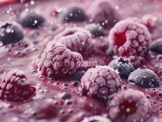 Wall Mural - A close up of a bowl of frozen berries, including raspberries and blueberries. The berries are frozen and appear to be floating in a liquid. Concept of freshness and abundance