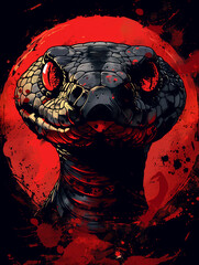 Wall Mural - A snake with red eyes and a red background. The snake is angry and ready to strike