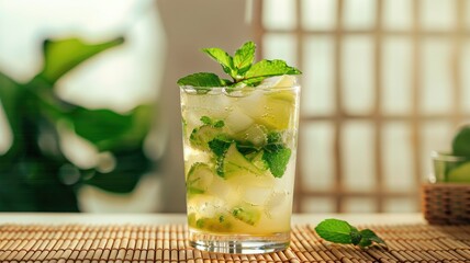 Wall Mural - Refreshing iced mint drink with lime and leaves on bamboo mat