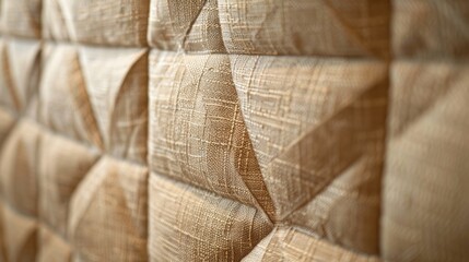 Poster - A detailed view of a textured wall panel showcasing an abstract geometric pattern in calming earth tones, softly illuminated for an elegant appearance