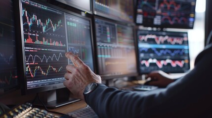 Poster - a financial analyst interacts with multiple monitors showcasing stock market trends and data in a co
