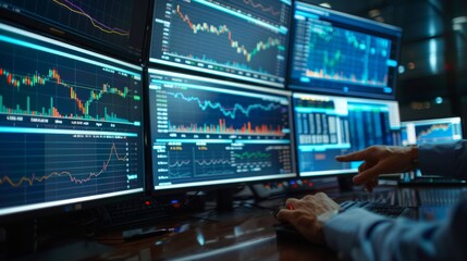 Aufkleber - a financial analyst analyzes live stock market data on multiple monitors, focused on charts and perf