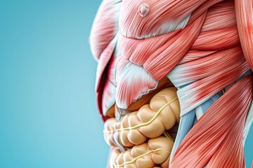 Close up abdominal muscles of the human body anatomy isolated on blue science background