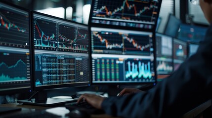 Aufkleber - a financial analyst monitors multiple screens displaying real-time stock market charts and financial