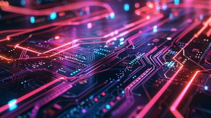 Poster - A closeup showcases a vibrant digital interface with glowing circuits and neon lines, reflecting a high-tech environment filled with futuristic elements