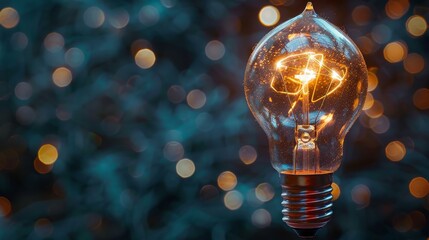 Poster - a closeup features a glowing light bulb illuminating against a dark backdrop, with abstract lines of