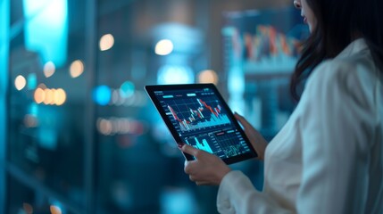 Aufkleber - a professional woman examines stock market charts and financial graphs on a sleek tablet in a contem