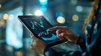 Aufkleber - a professional woman interacts with a tablet displaying stock market charts and financial graphs in 