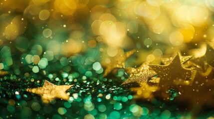 Poster - A closeup reveals a vibrant backdrop featuring shimmering gold and emerald green stars, enhanced by a beautiful abstract bokeh effect for a festive touch