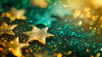 Poster - A closeup showcases dazzling gold and emerald green stars with a beautiful bokeh effect, creating a lively and enchanting atmosphere