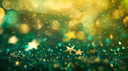 Poster - A closeup showcases shimmering gold and emerald green stars amidst an abstract bokeh effect, creating a mesmerizing and enchanting ambient background
