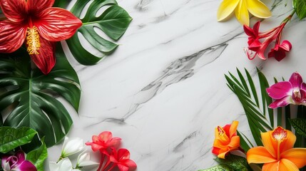 Poster - A vivid arrangement of tropical flowers and lush green leaves decorates a smooth white marble surface, creating a vibrant and natural display