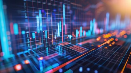 A detailed closeup captures a dynamic bar graph indicating positive financial growth trends set against a tech-inspired background