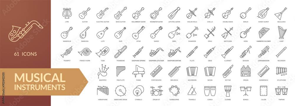 Musical instrument line icon set. Strings, winds, keyboards, percussion ...