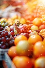 Sticker - Vibrant Fresh Fruit Market with Grapes Pears and Citrus Fruits in Warm Morning Light