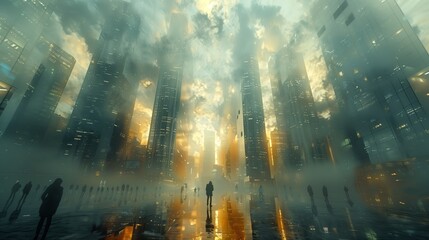 Poster - Eerie Urban Landscape at Dusk With Towering Skyscrapers and Fiery Sky